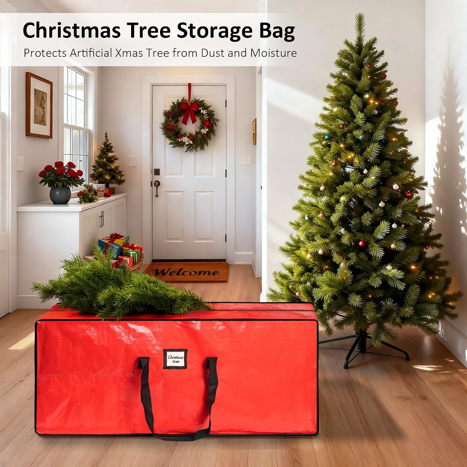 7.5 ft Christmas Tree Storage Bag, Fits Large Artificial Holiday Xmas Tree, Waterproof Material with Durable Reinforced Handles & Dual Zippers, Protects From Dust, Insects and Moisture, Red