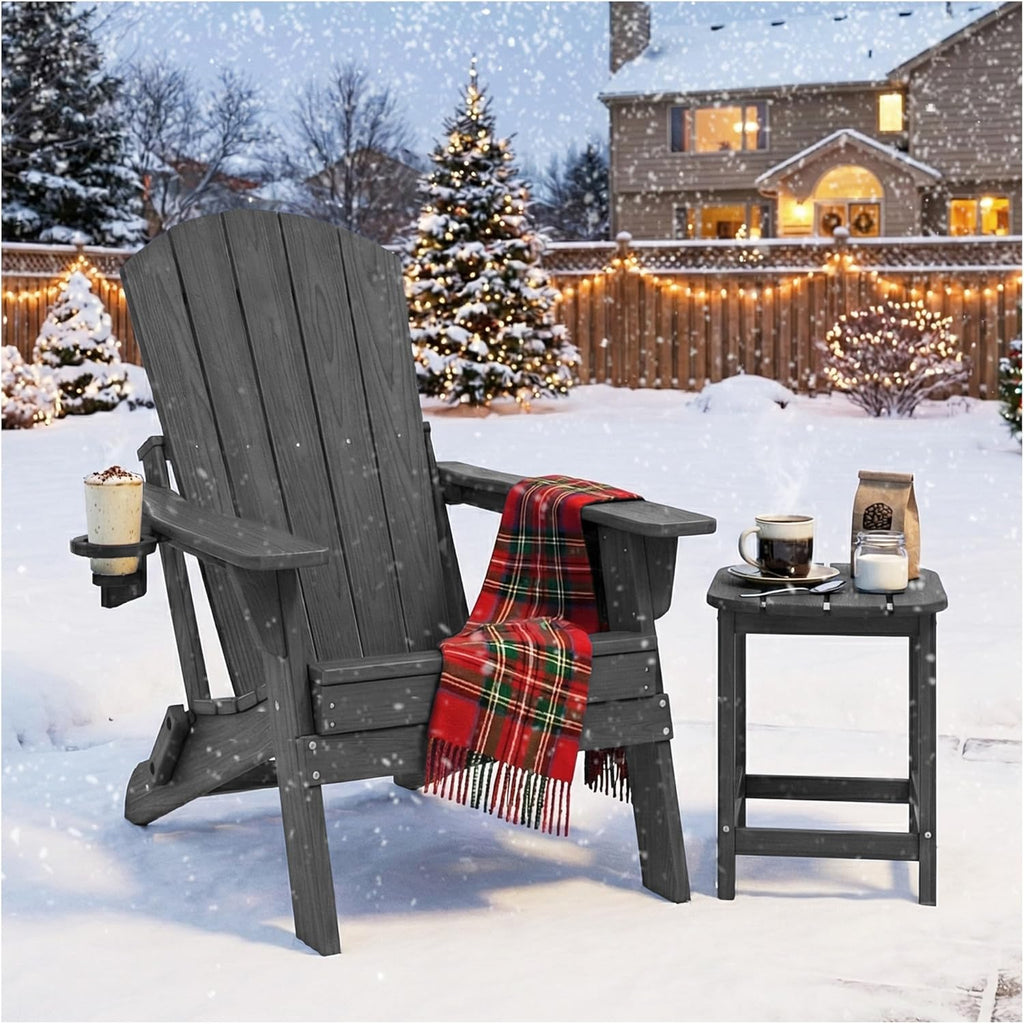 Folding Adirondack Chair with Cup Holder, HDPE All Weather Resistant Plastic Outdoor Patio Chairs, Heavy Duty Fire Pit Seating for Backyard Lawn Garden, Wooden Textured Design(Grey)