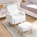 HCHAIRH Rocking Chair with Ottoman, Upholstered Glider Rocker with High Backrest and Side Pocket, Comfy Reading Chair with Solid Wood Legs for Nursery, Living Room,Bedroom White