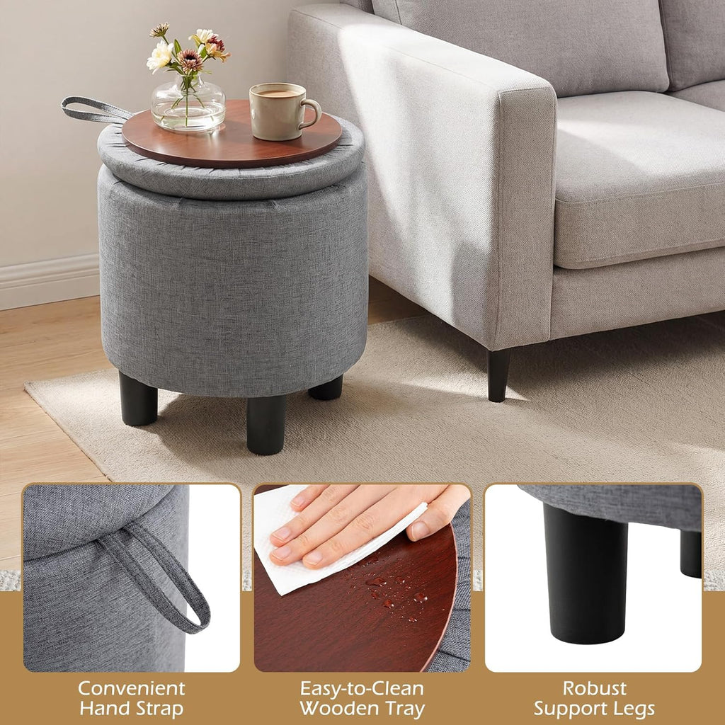 Giantex Round Storage Ottoman, Linen Fabric Upholstered Ottoman Foot Rest with Removable Lid, Small Ottoman Foot Stool for Bedroom Living Room (Gray)