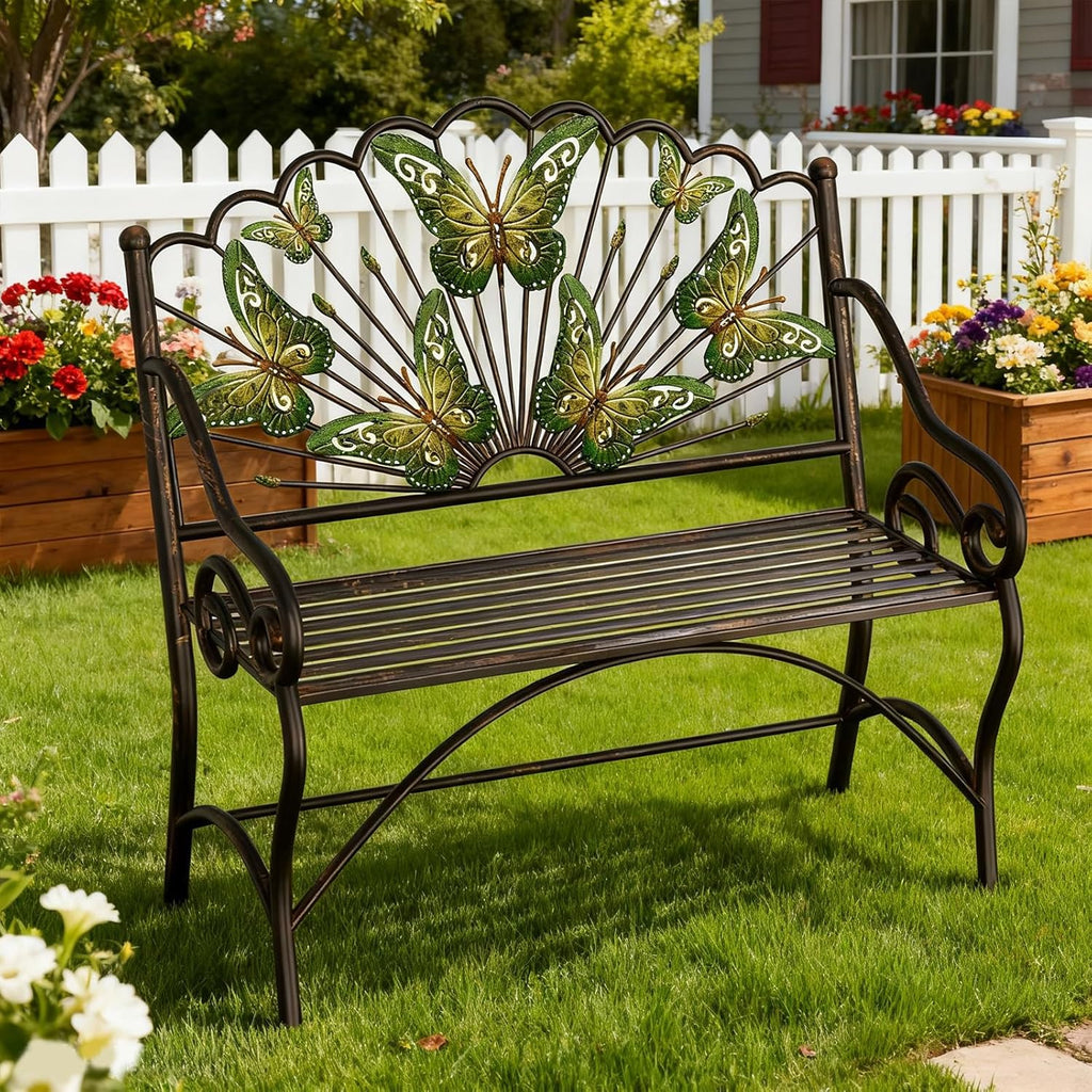 39.7" Arched Back Garden Bench, Metal Outdoor Bench with Scalloped Butterfly Pattern Backrest, Heavy Duty Patio Loveseat with Armrests & Slatted Seat for Front Porch, Backyard, Lawn & Park, Black