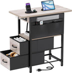 Yenlure Small Side Table with Charging Station, Narrow Nightstand Bedside Tables with Storage Pocket for Living Room Bedroom, Sofa End Table with USB Ports and Power Outlets for Small Spaces, Greige