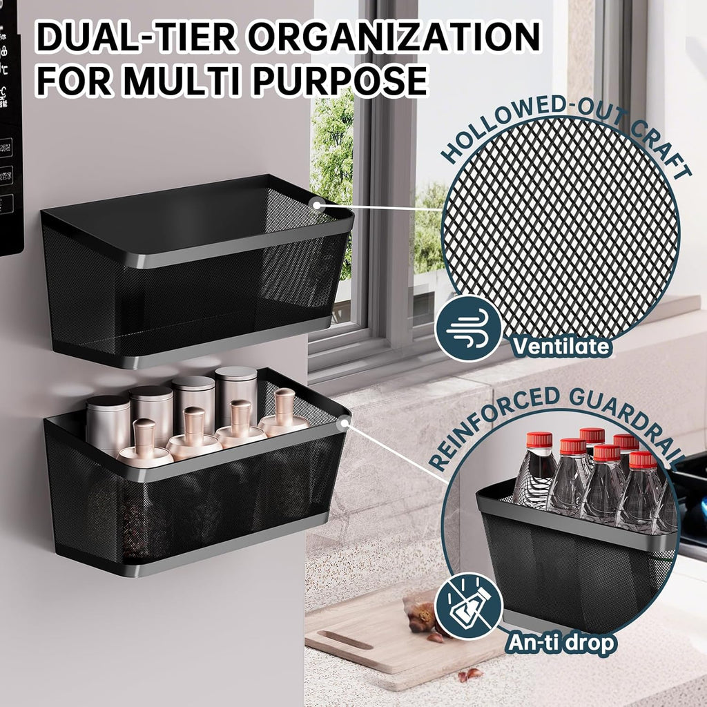 2Pcs Magnetic Spice Rack for Fridge Magnet Hanging Basket Holder for Seasonings Fruit Vegetables Coffee Beans Magnetic Organizer Shelf, Kitchen Refrigerator Organizers