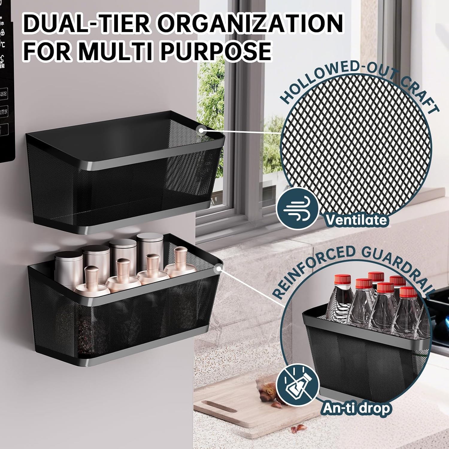 2Pcs Magnetic Spice Rack for Fridge Magnet Hanging Basket Holder for Seasonings Fruit Vegetables Coffee Beans Magnetic Organizer Shelf, Kitchen Refrigerator Organizers