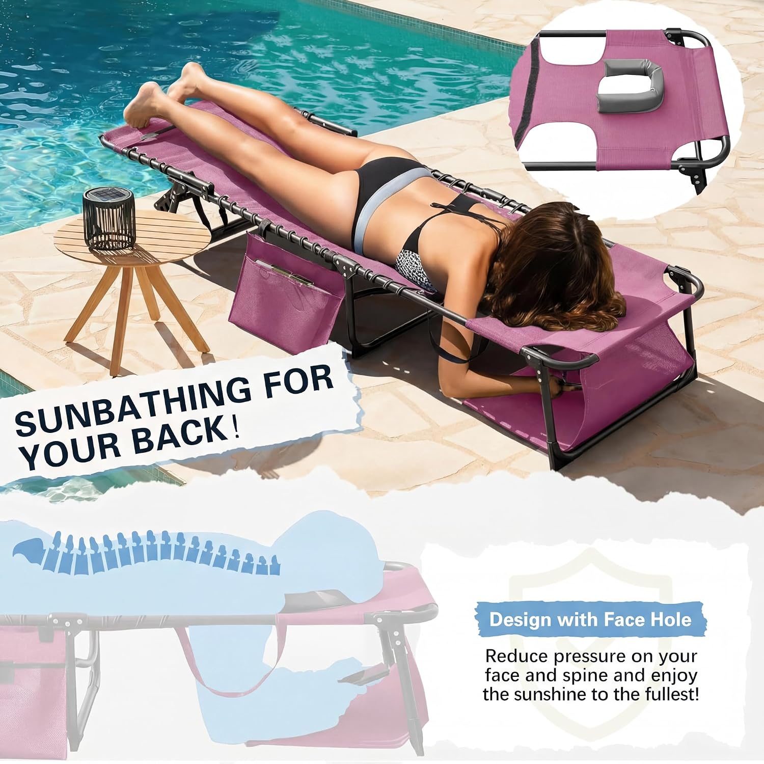 Devoko Beach Lounge Chair, Outdoor Sun Tanning Chair with Face Hole, Heavy Duty Folding Portable Lay Chaise Lounge Chairs for Outside Beach Pool Camping Patio, Pink