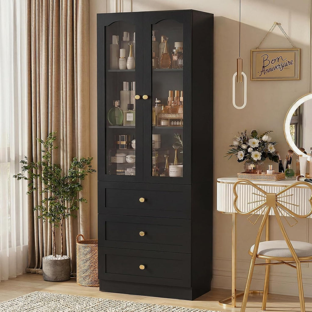 Cyclysio 80" Tall Pantry Cabinet for Kitchen Storage, Black Pantry Cabinet with Glass Doors & 3 Drawers - Freestanding Storage Bookcase with Built-in Baseboard Notch for Dining, Living Room
