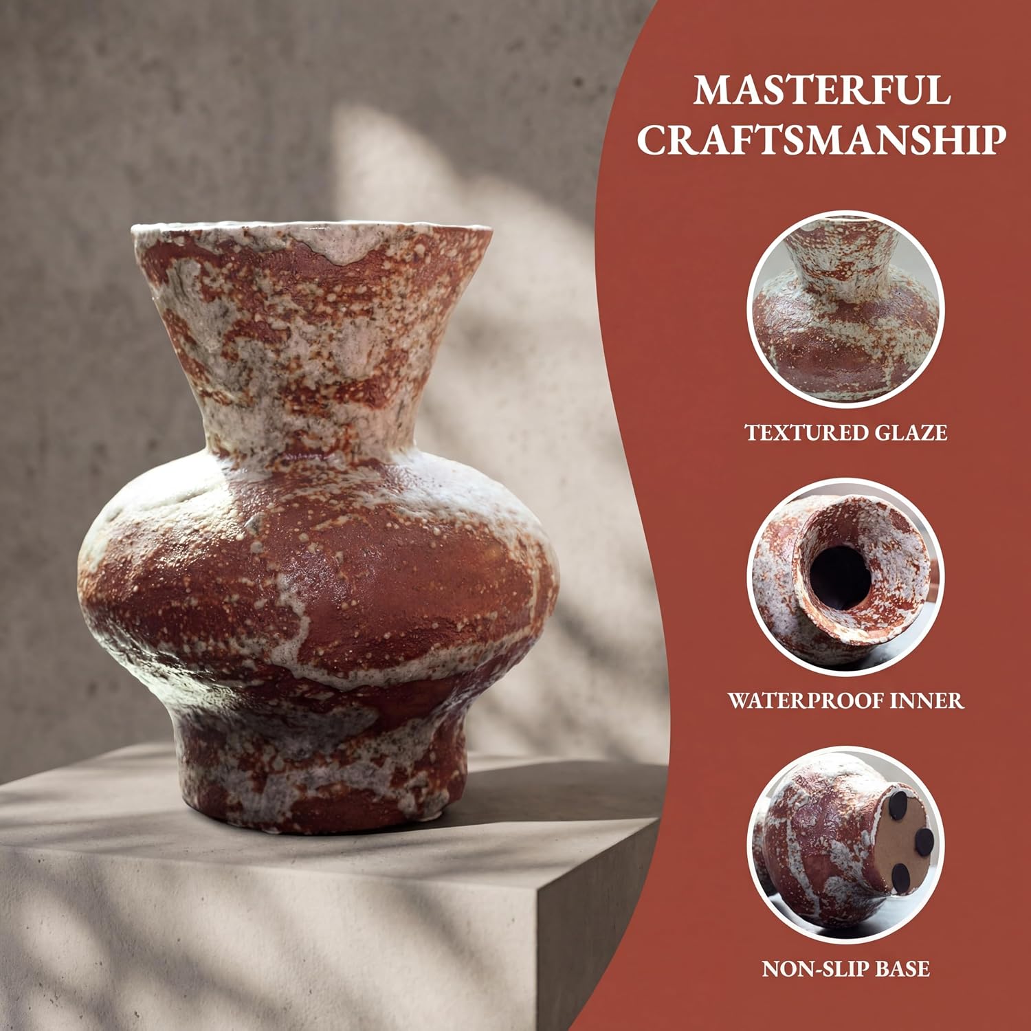 Rustic Ceramic Flower Vase for Home Decor, Handmade Vintage Stoneware Clay Pottery Terracotta Textured for Modern Farmhouse, Living Room, Office Desk Table Shelf (Dark Brown and White) 5.5IN