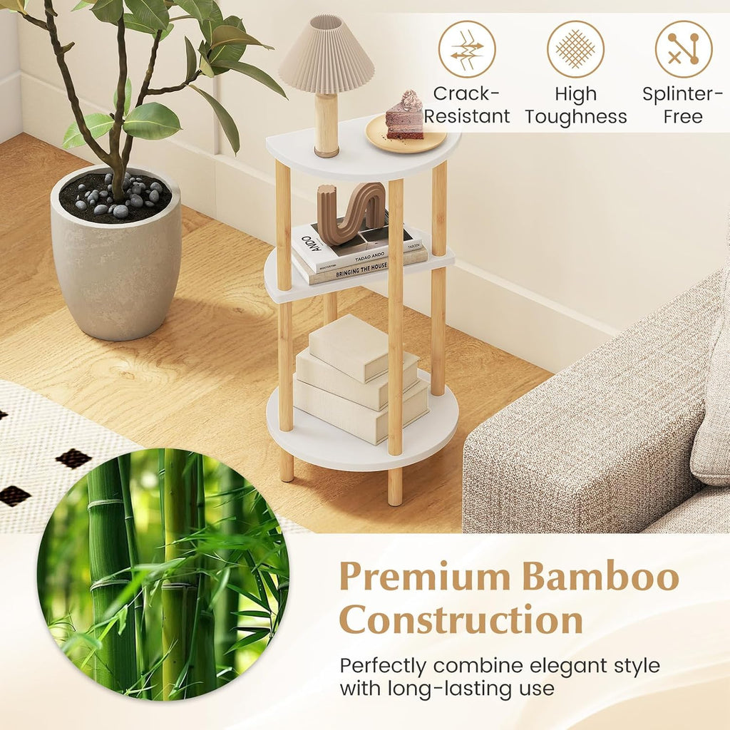 Giantex Bamboo Round Side Table Set of 2, 3-Tier Circular End Tables with Storage Shelves, Small Plant Stand Indoor, Accent Sofa Bedside Table, Boho Corner Night Stand for Bedroom Living Room