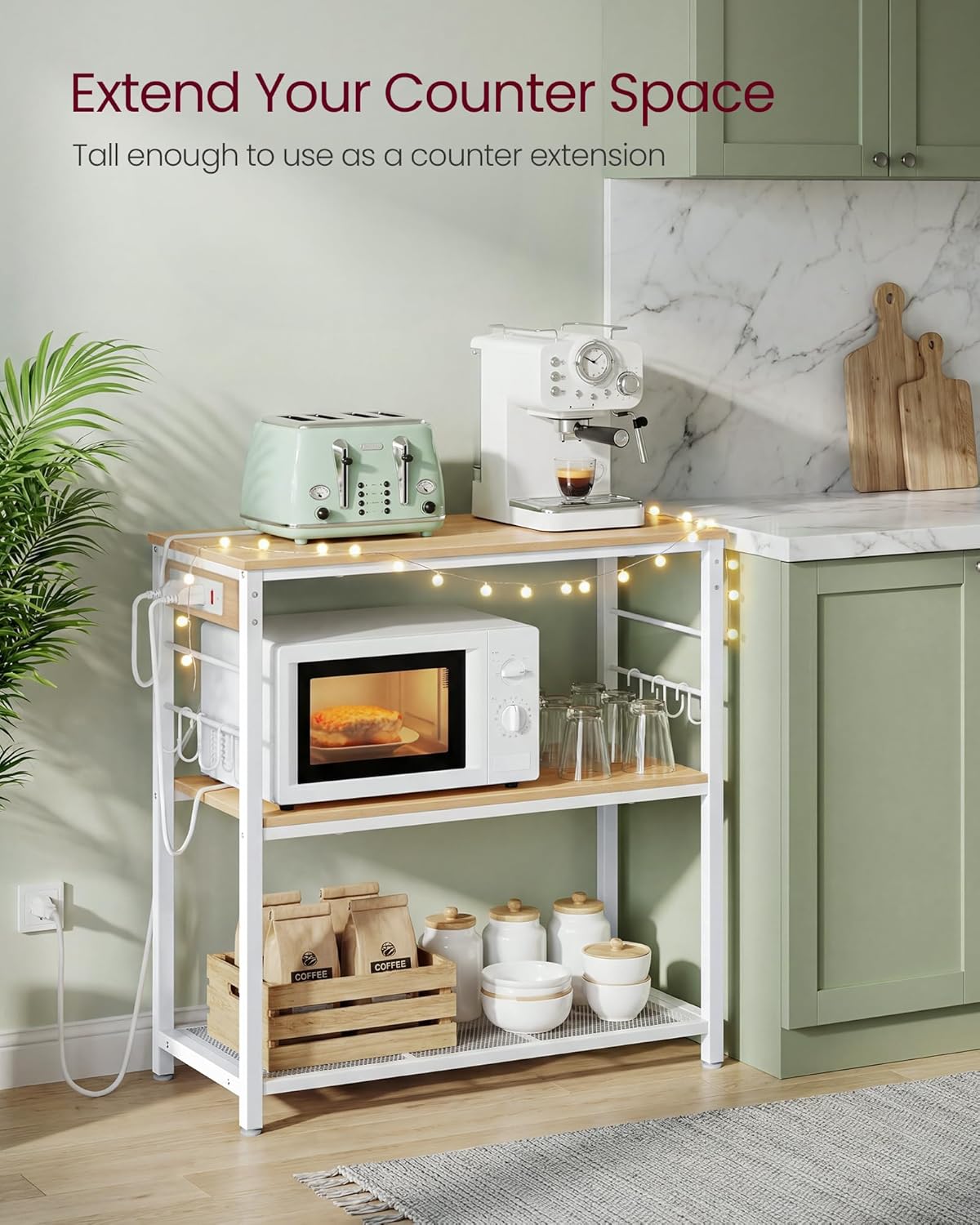 VASAGLE Kitchen Island with Power Strip, Microwave Oven Stand, Kitchen Shelf, Baker's Rack with 3 Open Shelves, 6 Hooks, Metal Frame, 15.7 x 31.5 x 35.4 Inches, Goldean Oak and White UKKI102YA02S