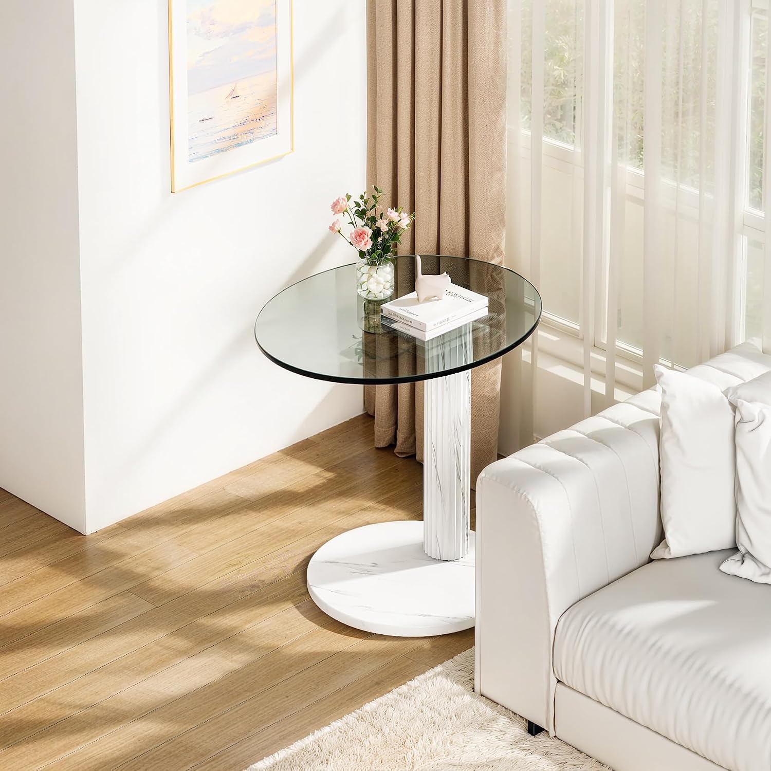 Recaceik Glass End Table, 22-Inch Round Glass Coffee Table, Modern Round Tempered Table for Small Spaces, Living Room, Bedroom