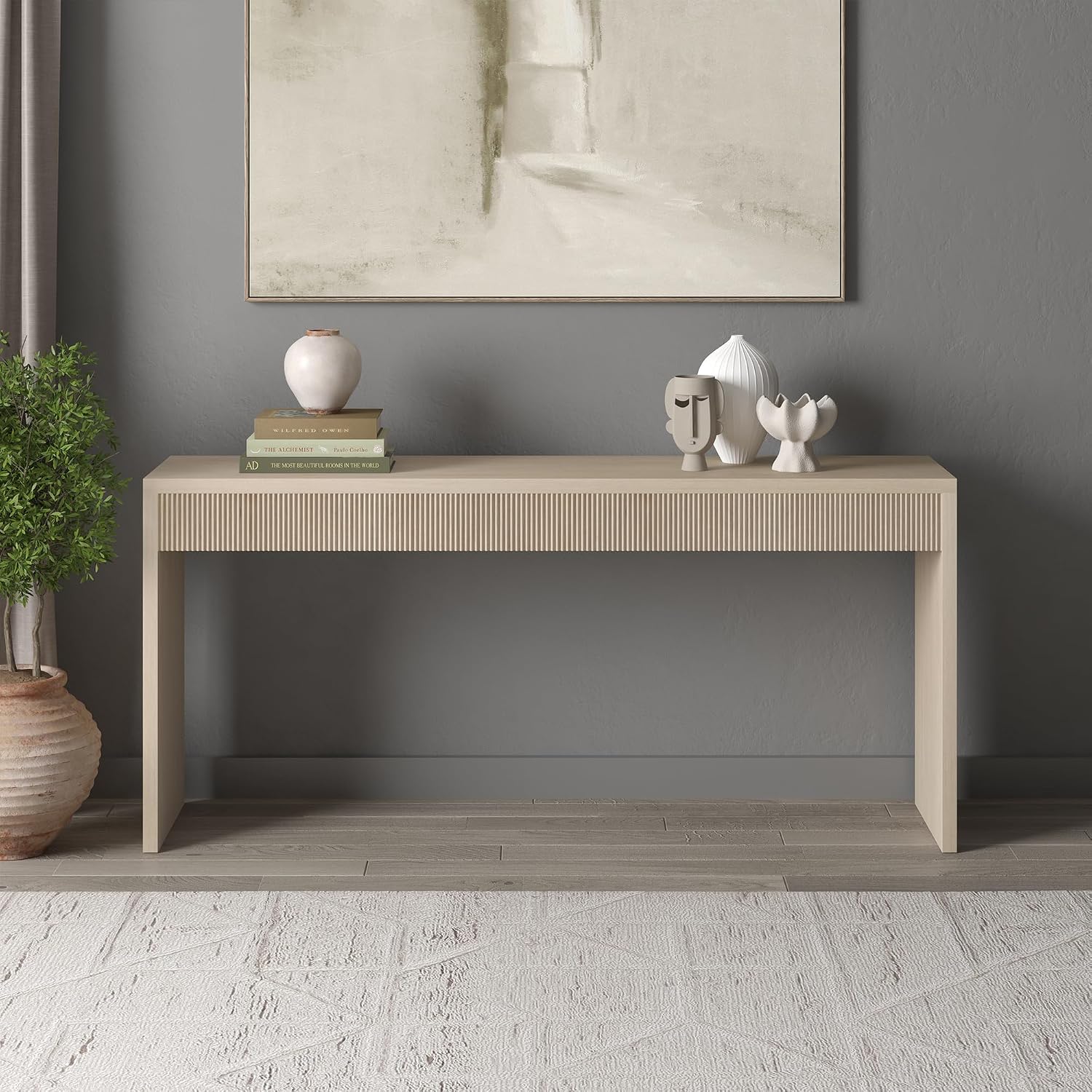 Henn&Hart 64" Rectangular Fluted Console Table, Ribbed Entryway Table, Sofa Table for Entryway, Living Room, Couch, Hallway, or Office, Beech White