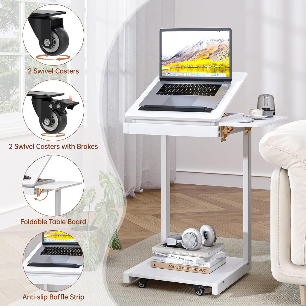 OtterOasis C Shaped End Table, Rolling Side Table with 4-Way Convertible Desktop, Wooden C Table with Multi-Functional Folding Tray & Small Chair, Side Table for Couch, Living Room, Bedroom, White