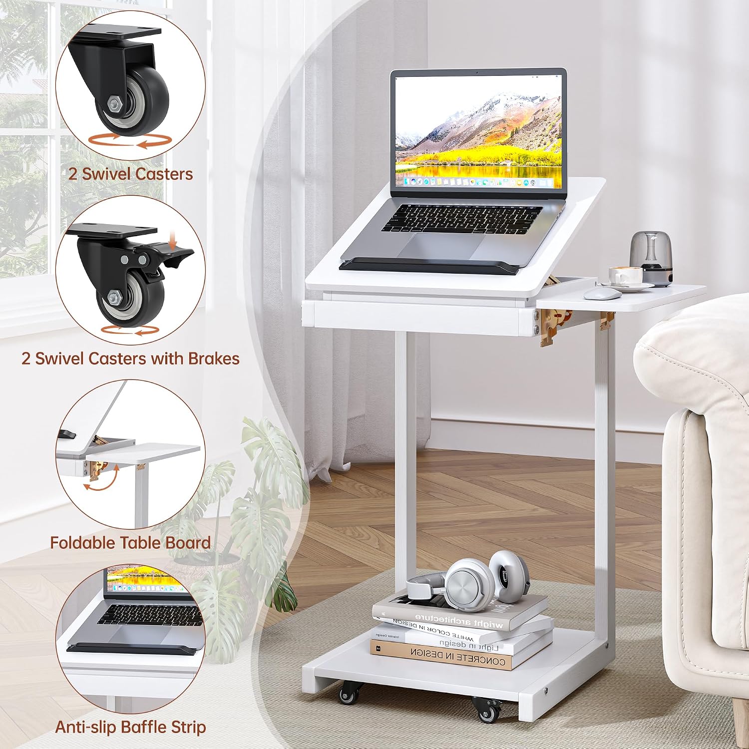 OtterOasis C Shaped End Table, Rolling Side Table with 4-Way Convertible Desktop, Wooden C Table with Multi-Functional Folding Tray & Small Chair, Side Table for Couch, Living Room, Bedroom, White