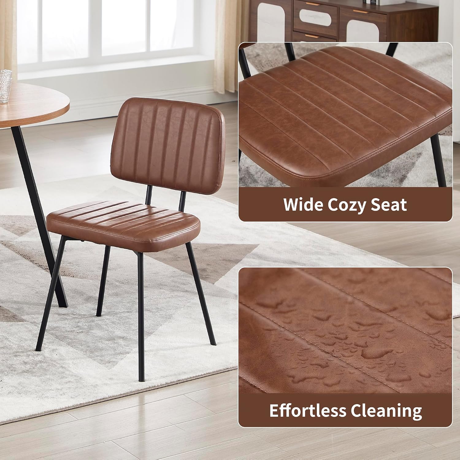 VipDesk Dining Chairs Set of 2, Faux Leather Upholstered Dining Chairs, Mid Century Modern Kitchen Dining Room Accent Chairs with Curved Backrest and Steel Frame for Living Room, Vanity - Coffee