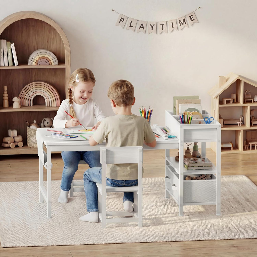 BOLUO Kids Art Table and Chair Set, Toddler Craft Table with Storage Drawers, Play Desk for Kids, Children Activity Learning Center, White