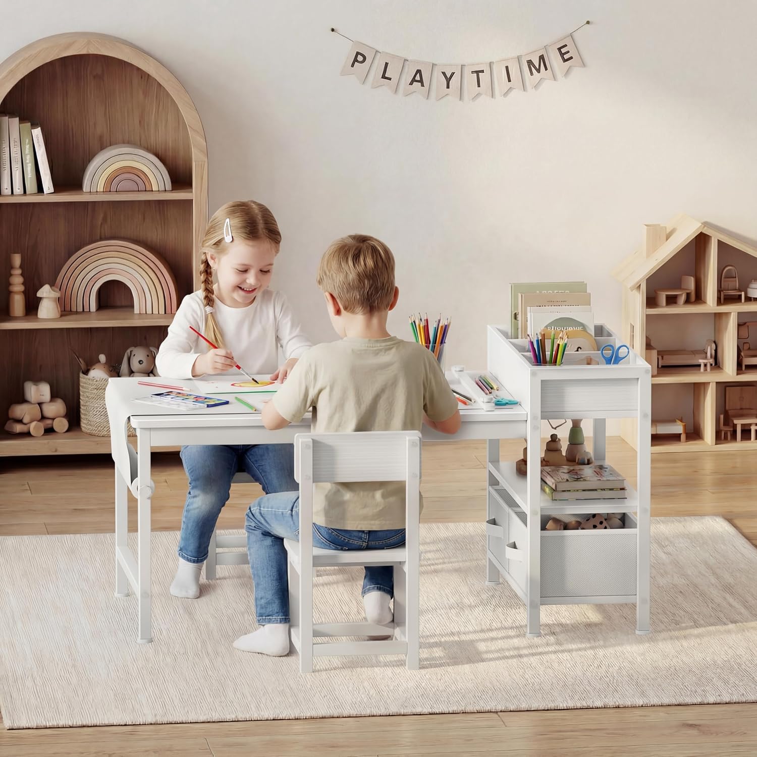 BOLUO Kids Art Table and Chair Set, Toddler Craft Table with Storage Drawers, Play Desk for Kids, Children Activity Learning Center, White