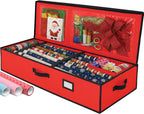 Christmas Wrapping Paper Organizer Storage Box, Straps/Pockets, 40" Heavy-Duty Gift Wrap Storage Holder for Bags, Bows, Tags, Ribbons, Holiday Decorations, Fits Up to 24 Rolls Underbed Container (Red)