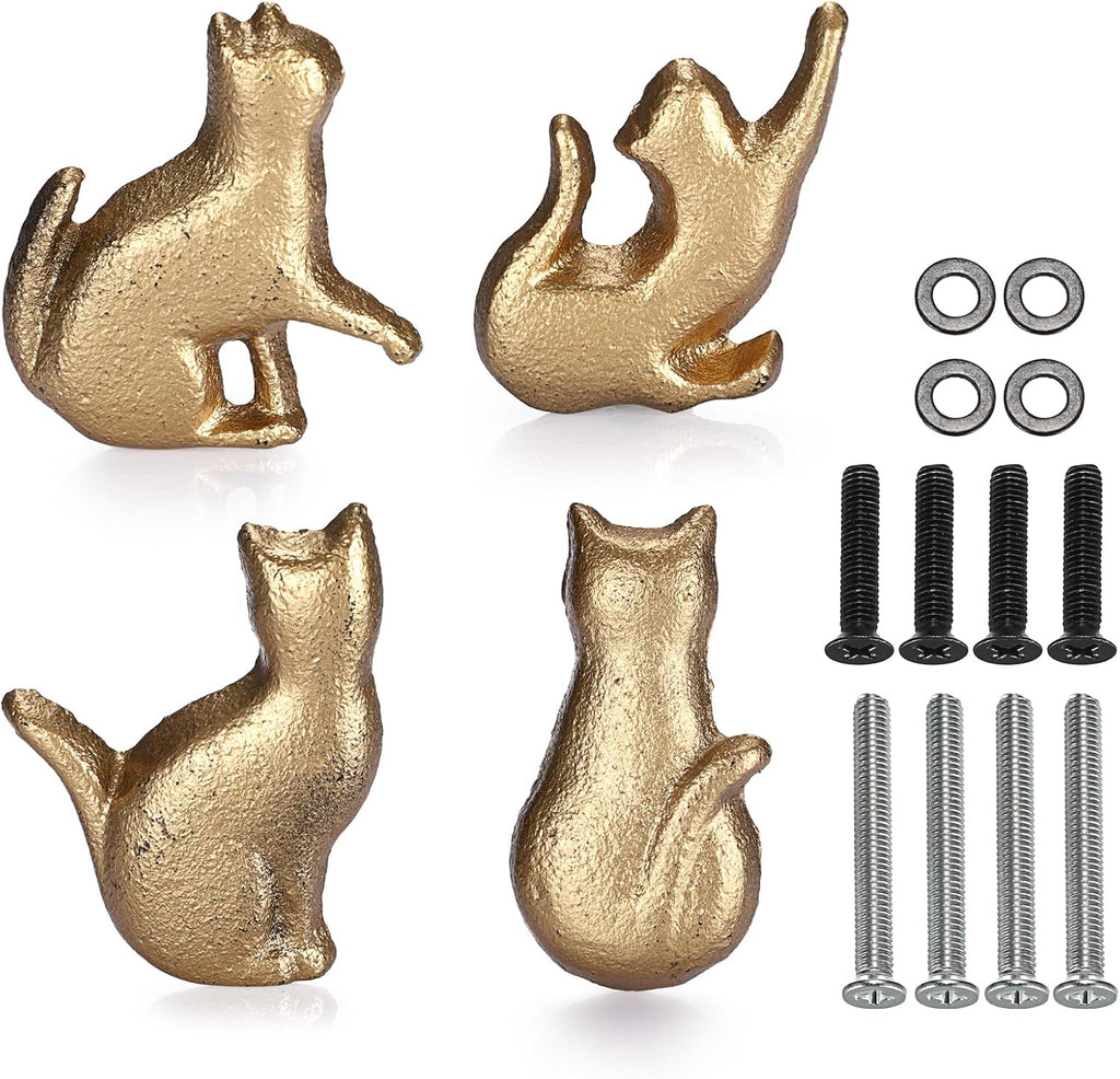 JUXYES Set of 4 Vintage Cat Drawer Handle Pull Knobs - Antique Cast Iron Drawer Knob - Retro Decorative Cabinet Handle Knobs for Dresser Cupboard Cabinet, Gold
