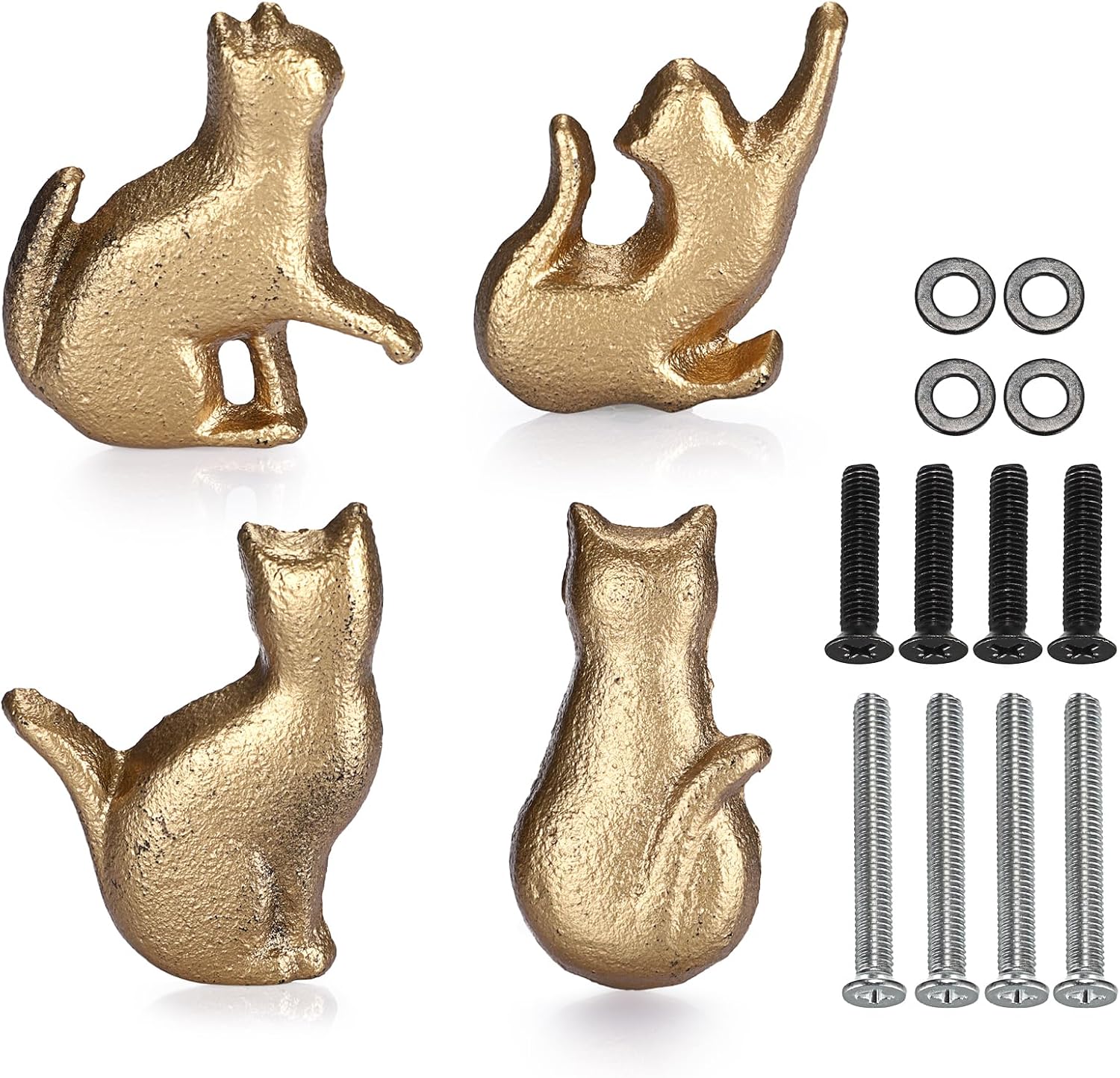 JUXYES Set of 4 Vintage Cat Drawer Handle Pull Knobs - Antique Cast Iron Drawer Knob - Retro Decorative Cabinet Handle Knobs for Dresser Cupboard Cabinet, Gold