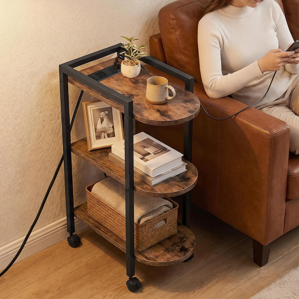 HOOBRO End Table, Rolling Narrow Side Table with Charging Station, with Adjustable Feet and Wheels, Narrow Slim Beside Table for Small Spaces, Living Room, Rustic Brown and Black BF365UBZ01