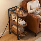 HOOBRO End Table, Rolling Narrow Side Table with Charging Station, with Adjustable Feet and Wheels, Narrow Slim Beside Table for Small Spaces, Living Room, Rustic Brown and Black BF365UBZ01