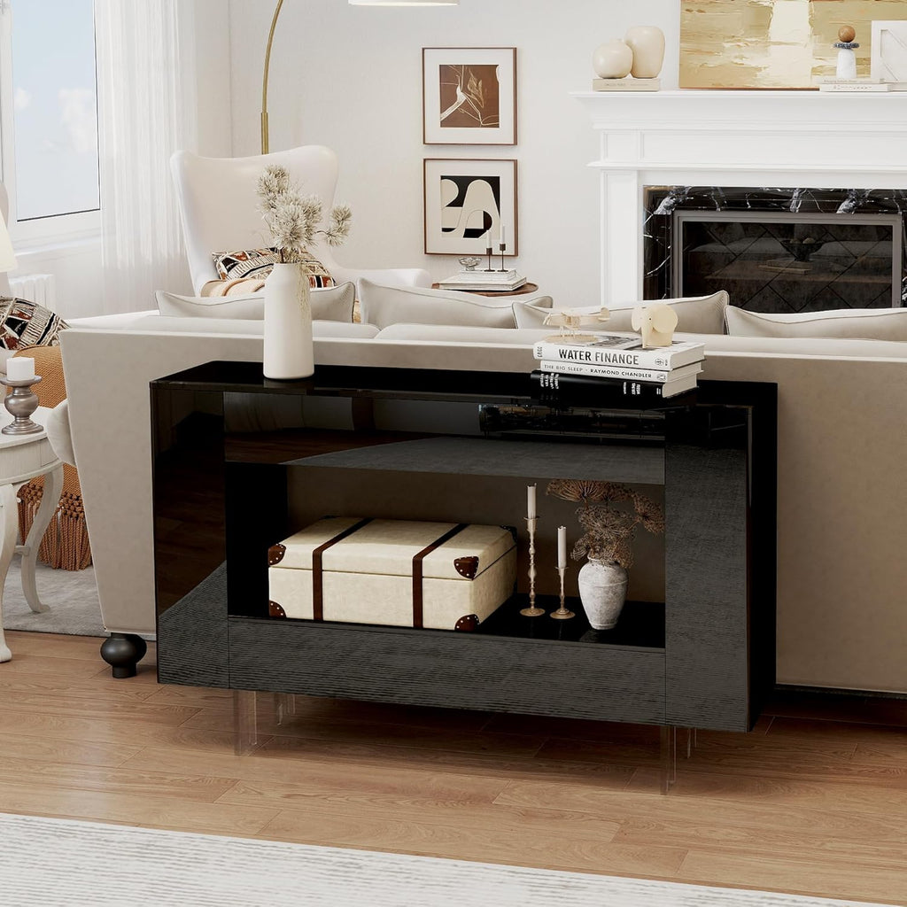 Console Table, 47" High Gloss Entryway Table with Hidden Storage Cabinets, Adjustable Shelves, Modern Sofa Table for Behind The Couch, Living Room, Hallway, Black