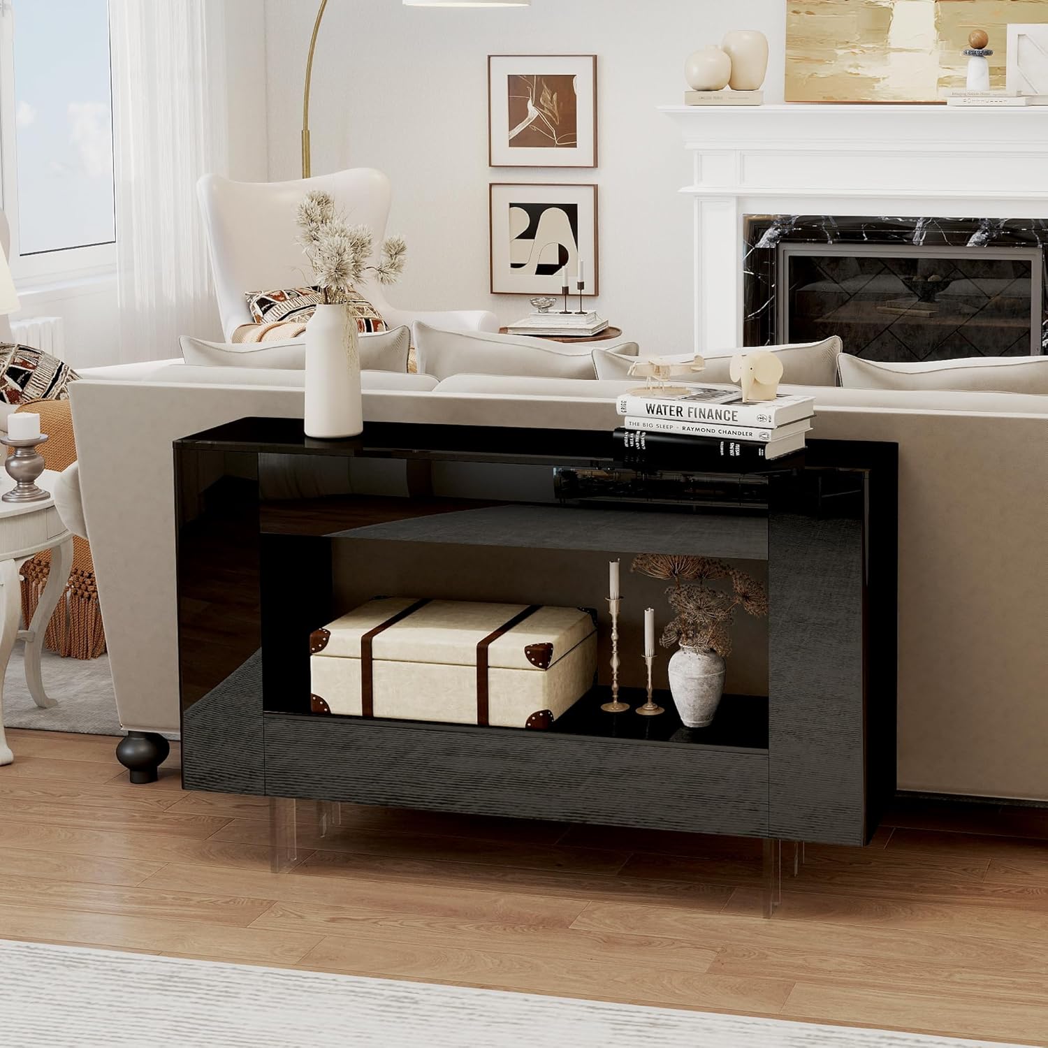 Console Table, 47" High Gloss Entryway Table with Hidden Storage Cabinets, Adjustable Shelves, Modern Sofa Table for Behind The Couch, Living Room, Hallway, Black