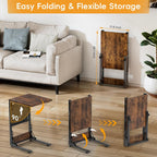 Kufutee Folding TV Tray Table, Small Folding Side Table with Storage Bag, Portable C Shaped End Stand for Couch Sofa Bed, Rustic Brown