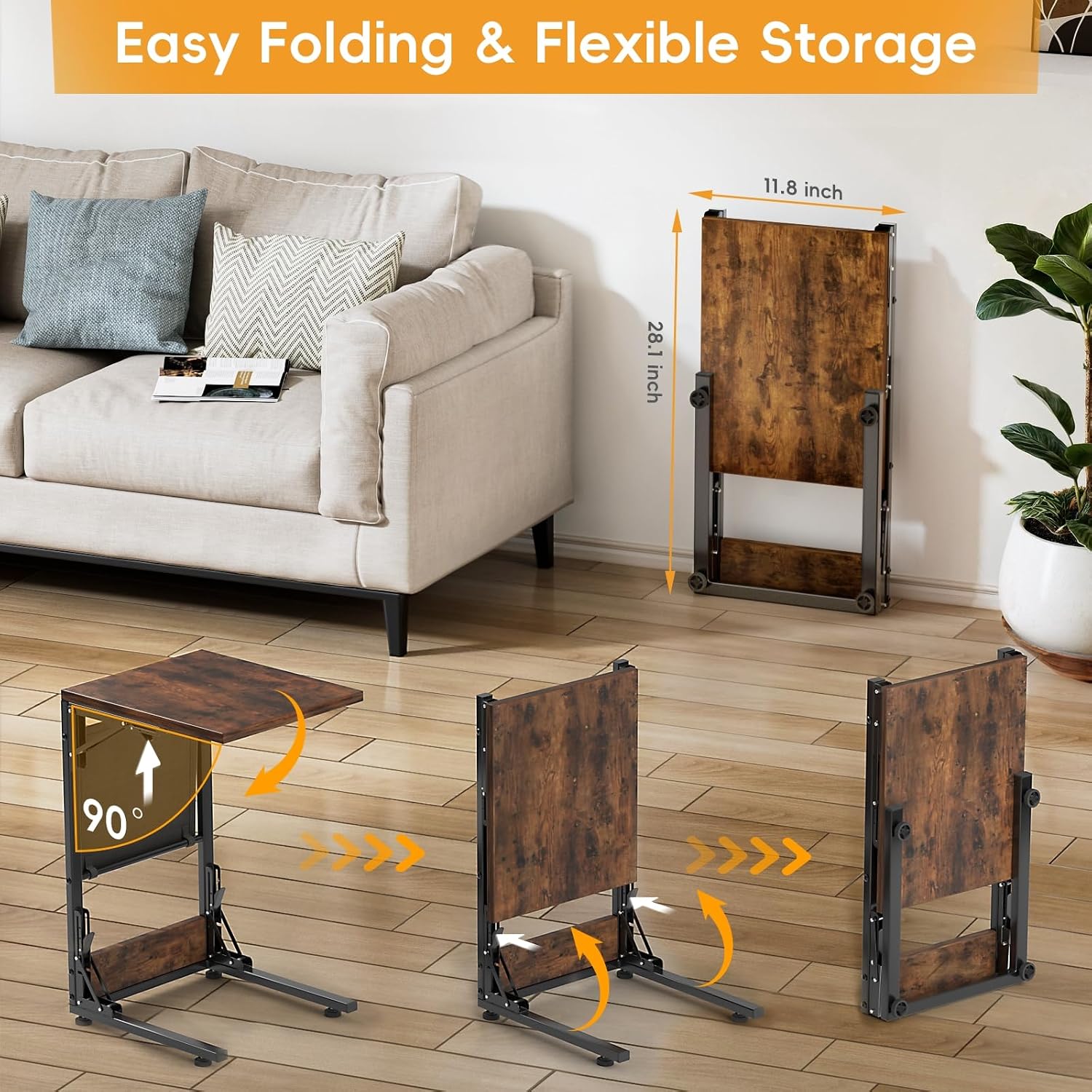 Kufutee Folding TV Tray Table, Small Folding Side Table with Storage Bag, Portable C Shaped End Stand for Couch Sofa Bed, Rustic Brown