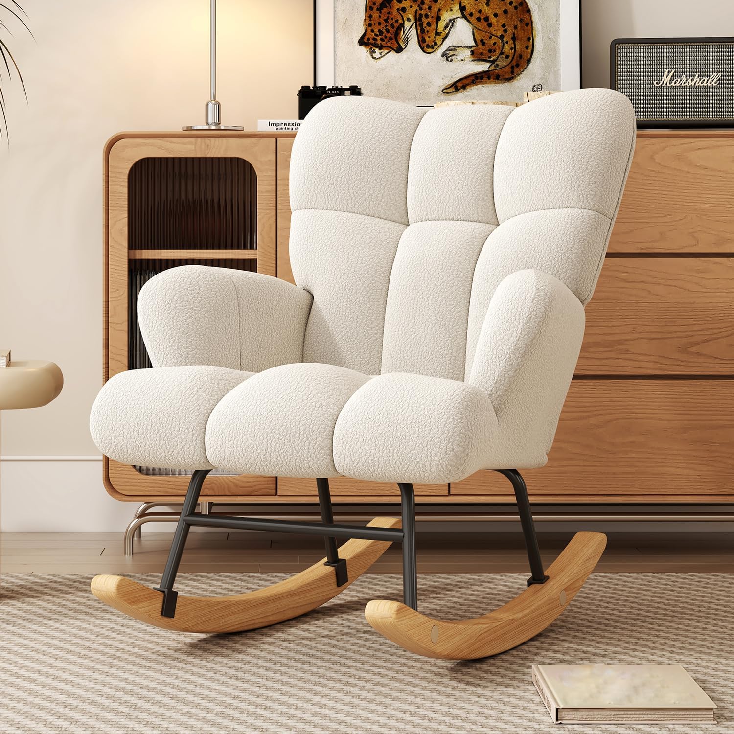 VIRRMO Glider Rocking Chair for Bedroom Chair, Comfy Accent Chair Reading Chair with High Backrest Armchair Teddy Soft Upholstered Living Room Chairs for Nursery Bedroom Home (Milky White)
