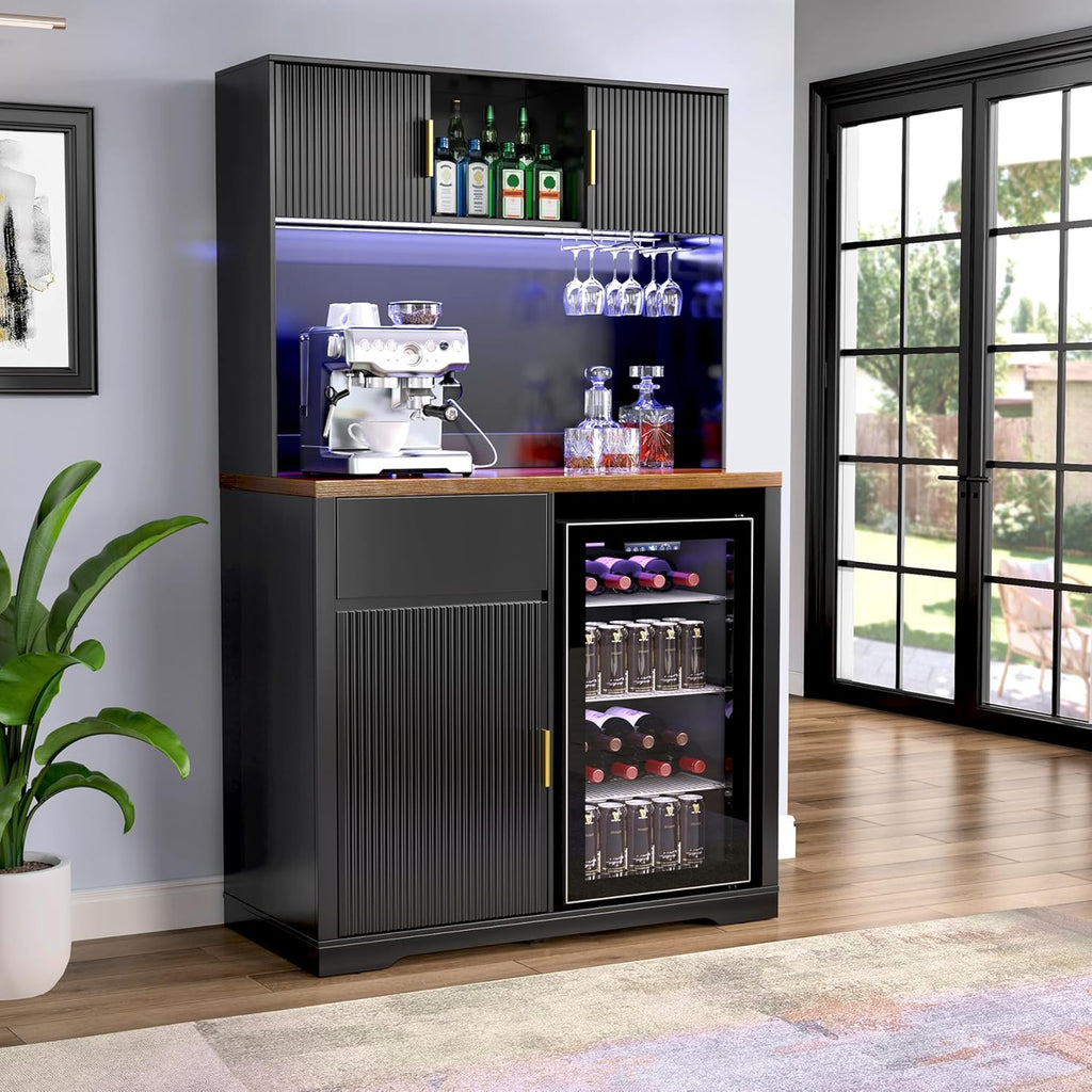 GDLF 72" Tall Bar Cabinet with Fridge Space, Fluted Coffee Liquor Hutch Cabinet with Storage, Tall Home Bar with LED Light & Power Outlet for Kitchen Dining Room or Living Area