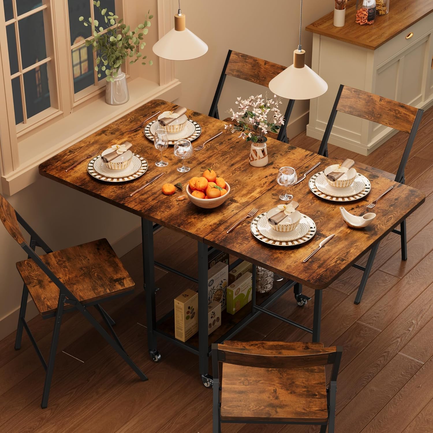 IDEALHOUSE IDEAHOUSE Dining Table Set for 4, Folding Dining Table with 4 Folding Chairs, Drop Leaf Table and Chairs with Swivel Wheels, Hideaway, for Small Space, Kitchen, Dining Room, Rustic Brown