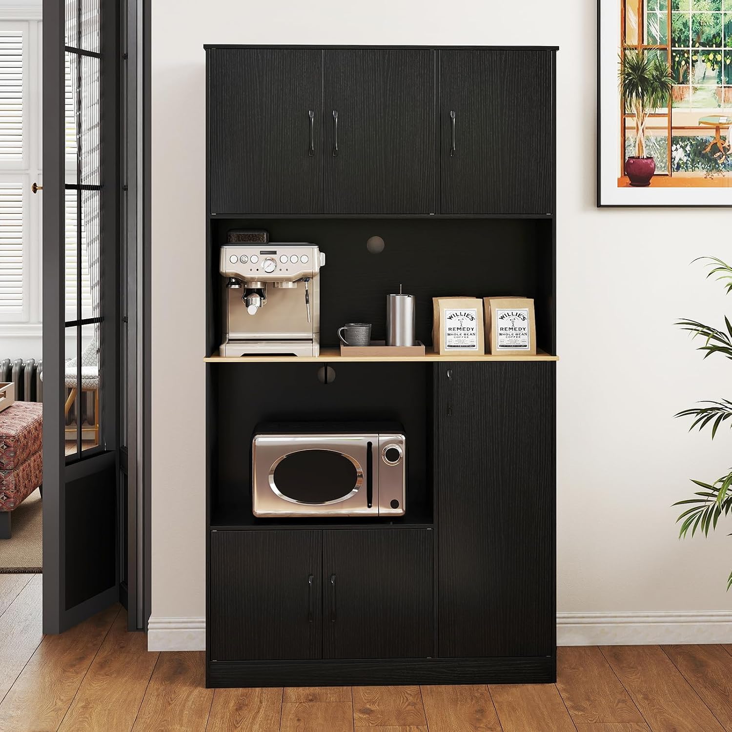 71" Large Kitchen Hutch with Power Outlet, Freestanding Pantry Cabinet with Microwave Shelf, Kitchen Cabinet with Countertop, Dining Room Hutch