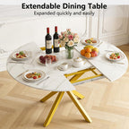 42''-59'' Extendable Dining Room Table for 4-6, White Marble Round Dining Table, Modern Kitchen Circle Oval Dinner Table with Carbon Steel Base Removable Leaves Space Saving, Mid-Century