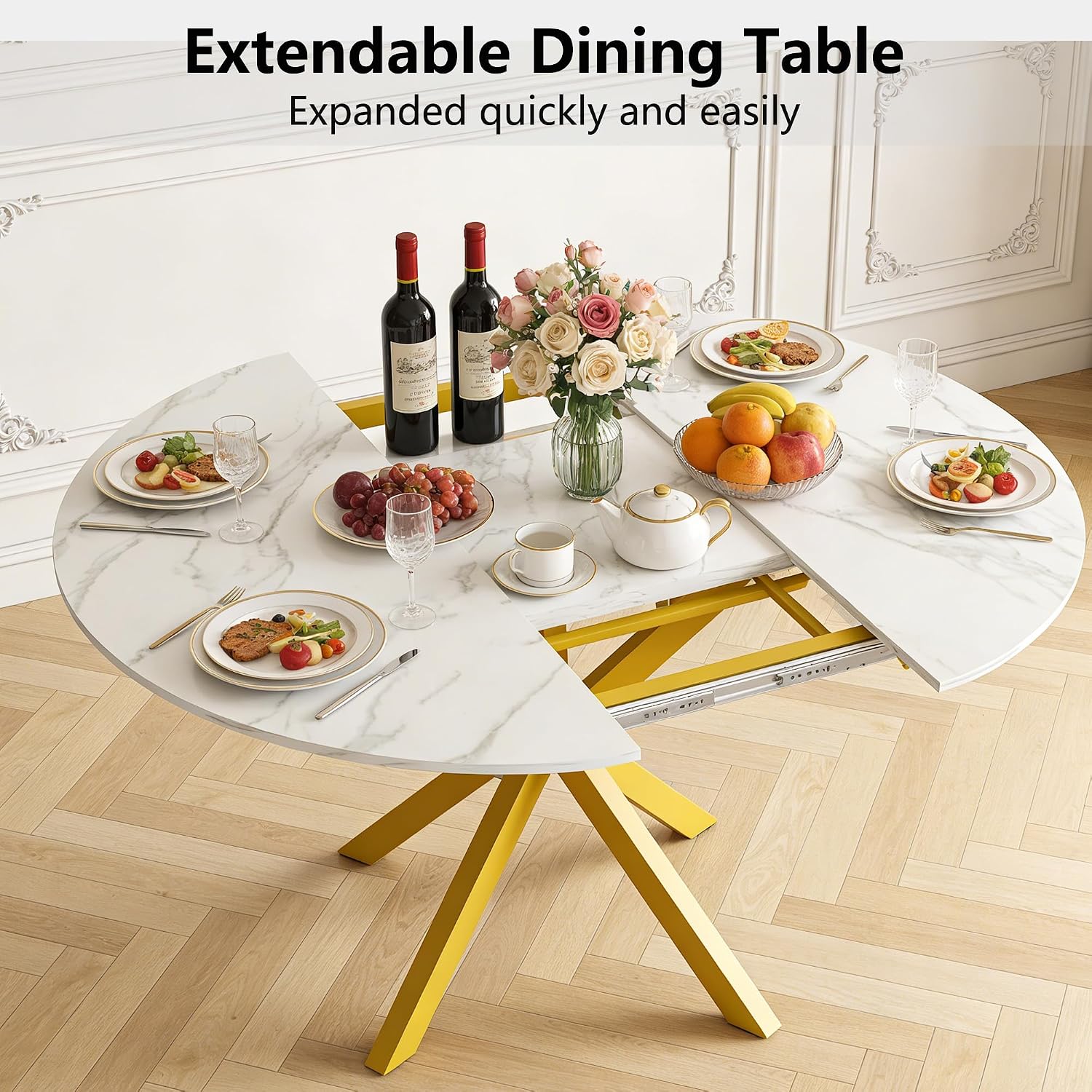 42''-59'' Extendable Dining Room Table for 4-6, White Marble Round Dining Table, Modern Kitchen Circle Oval Dinner Table with Carbon Steel Base Removable Leaves Space Saving, Mid-Century