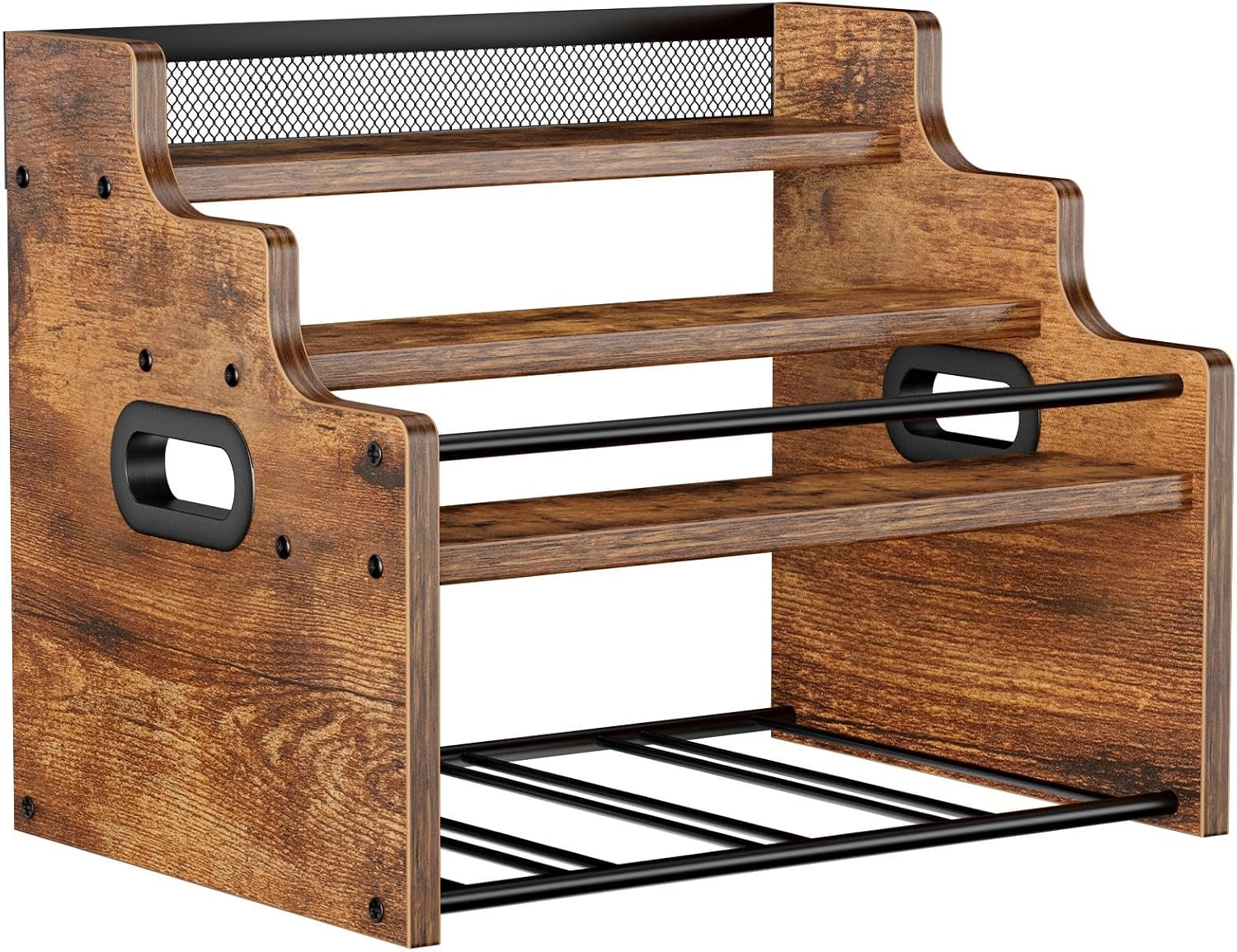 4-Tier Wood Display Shelf Wine Rack for 16 Bottles Wood Coffee Syrup Organizer with Handles Home Whiskey Shelf Retro Mini Liquor Cabinet Spice Rack Coffee Bar Shelves, Retro Brown