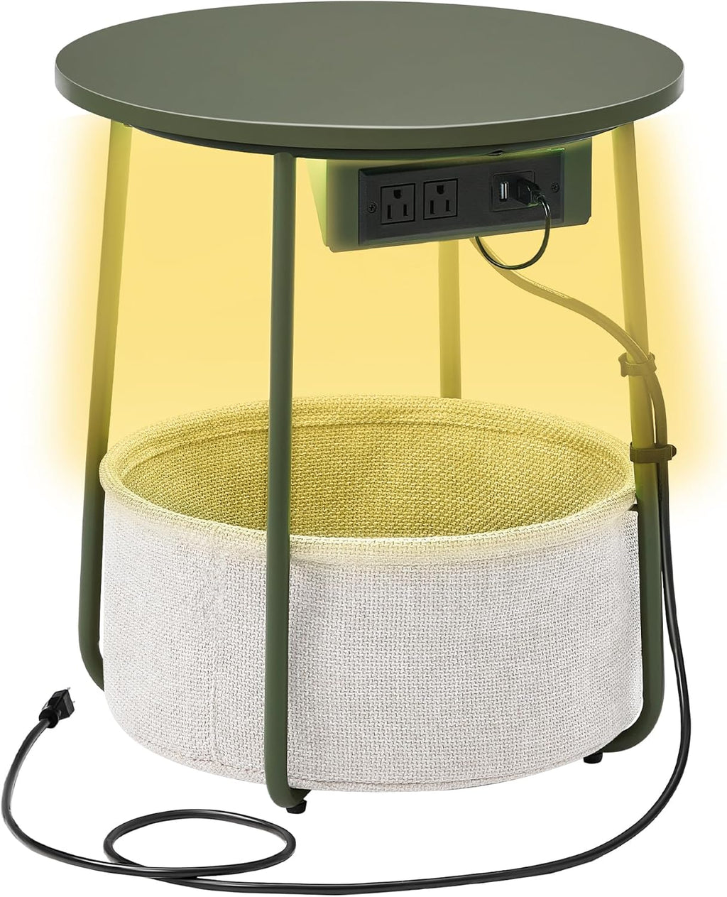 SONGMIC HOME LED Round Side End Table, Nightstand with Charging Station and Lights, Fabric Basket, for Living Room, Green and Brown