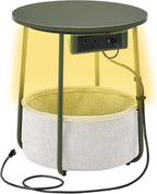 SONGMIC HOME LED Round Side End Table, Nightstand with Charging Station and Lights, Fabric Basket, for Living Room, Green and Brown