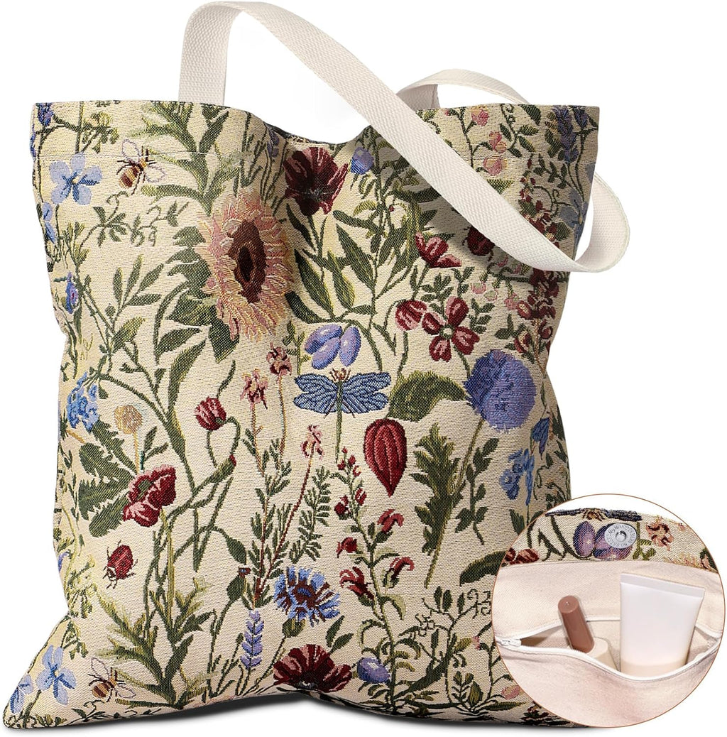Miss Adola Embroidery Tote Bag for Women - Aesthetic Canvas Bag with Pocket Reusable ToteBag for Work Shopping