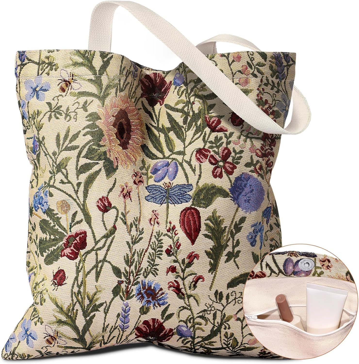 Miss Adola Embroidery Tote Bag for Women - Aesthetic Canvas Bag with Pocket Reusable ToteBag for Work Shopping