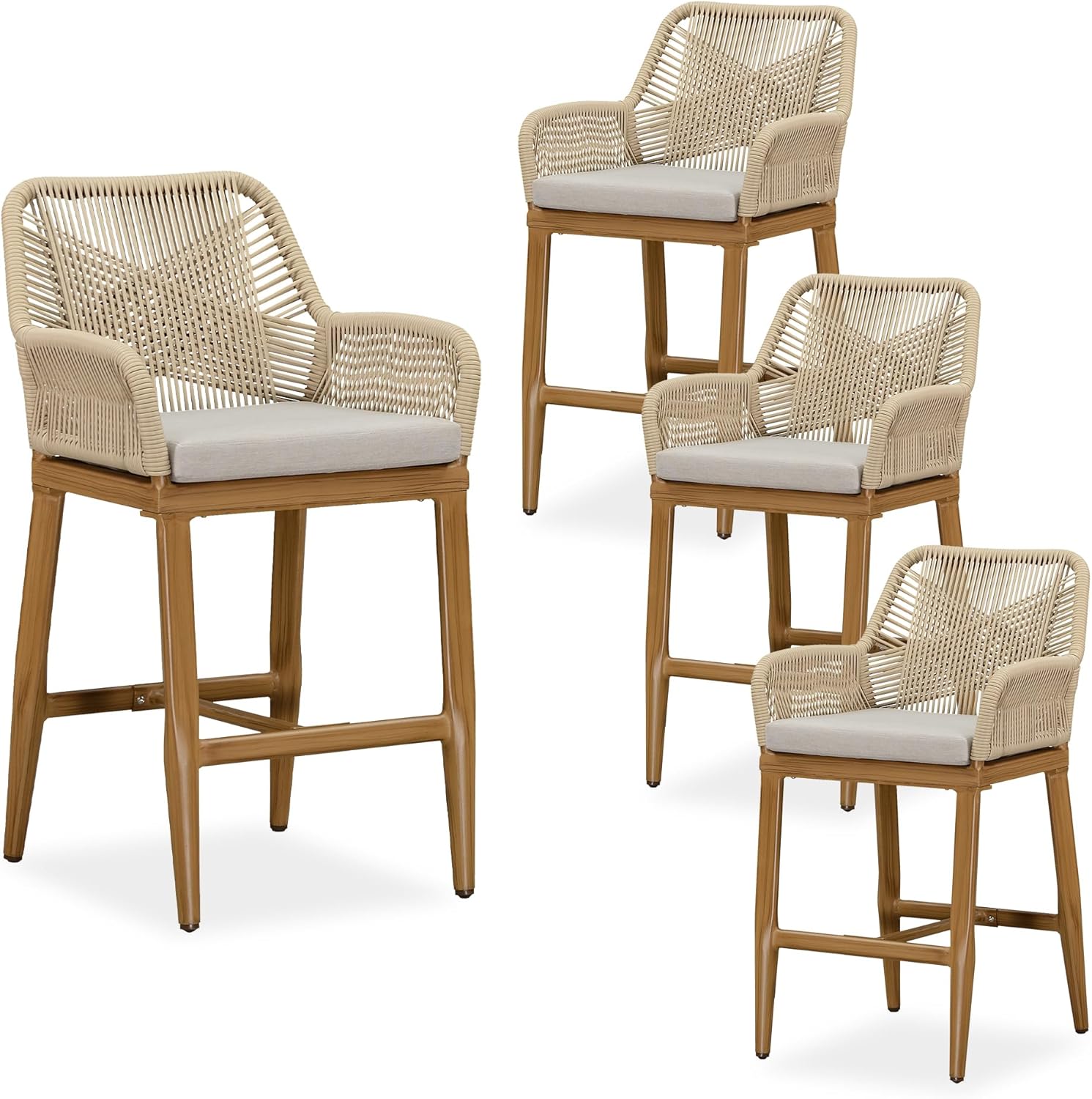 PURPLE LEAF Outdoor 24" Counter Height Bar Stools Chair Set of 4, All Weather Rattan and Aluminum Patio Bar Stool with Cushion for Indoor and Outdoor, Kitchen Island, Teak