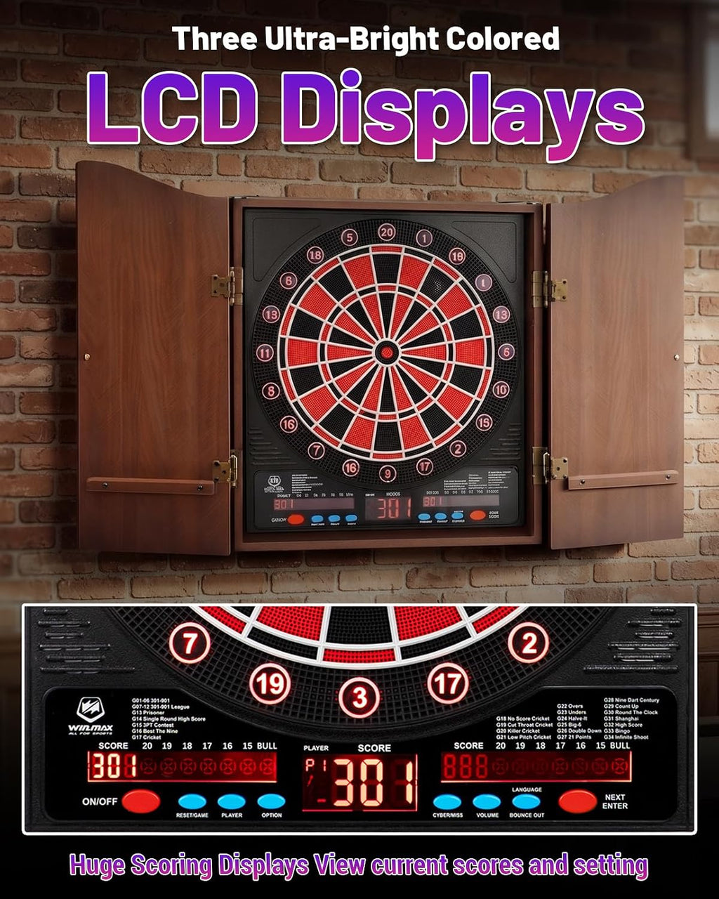 Electronic Dart Board with Cabinet Set, Dartboard with 8-Player Color Light | 3 Large LCD Displays with 34 Games, Automatic Scoring, 12 Darts+100 Tips, Great Gift for Man Cave Game Room Home Bar