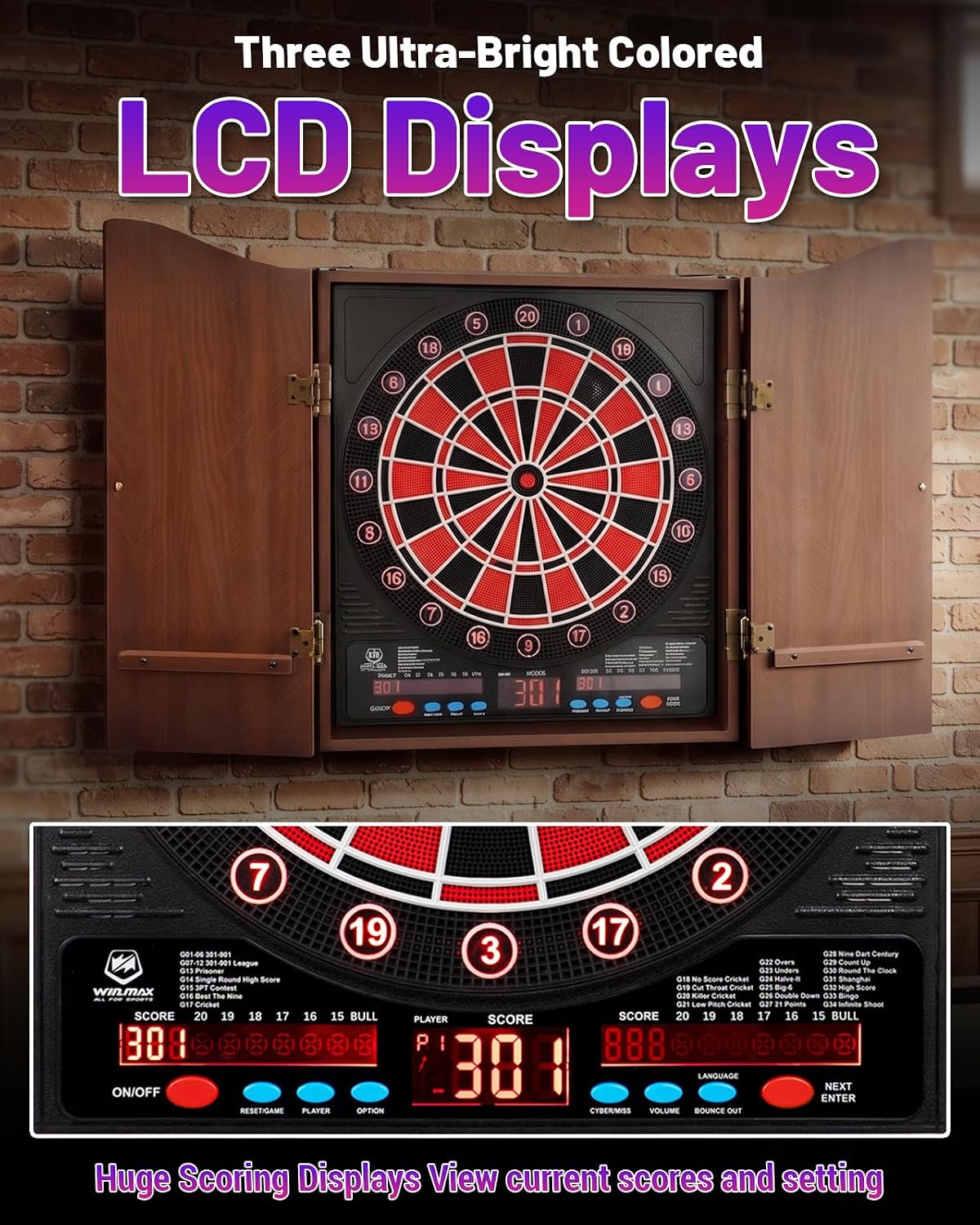 Electronic Dart Board with Cabinet Set, Dartboard with 8-Player Color Light | 3 Large LCD Displays with 34 Games, Automatic Scoring, 12 Darts+100 Tips, Great Gift for Man Cave Game Room Home Bar