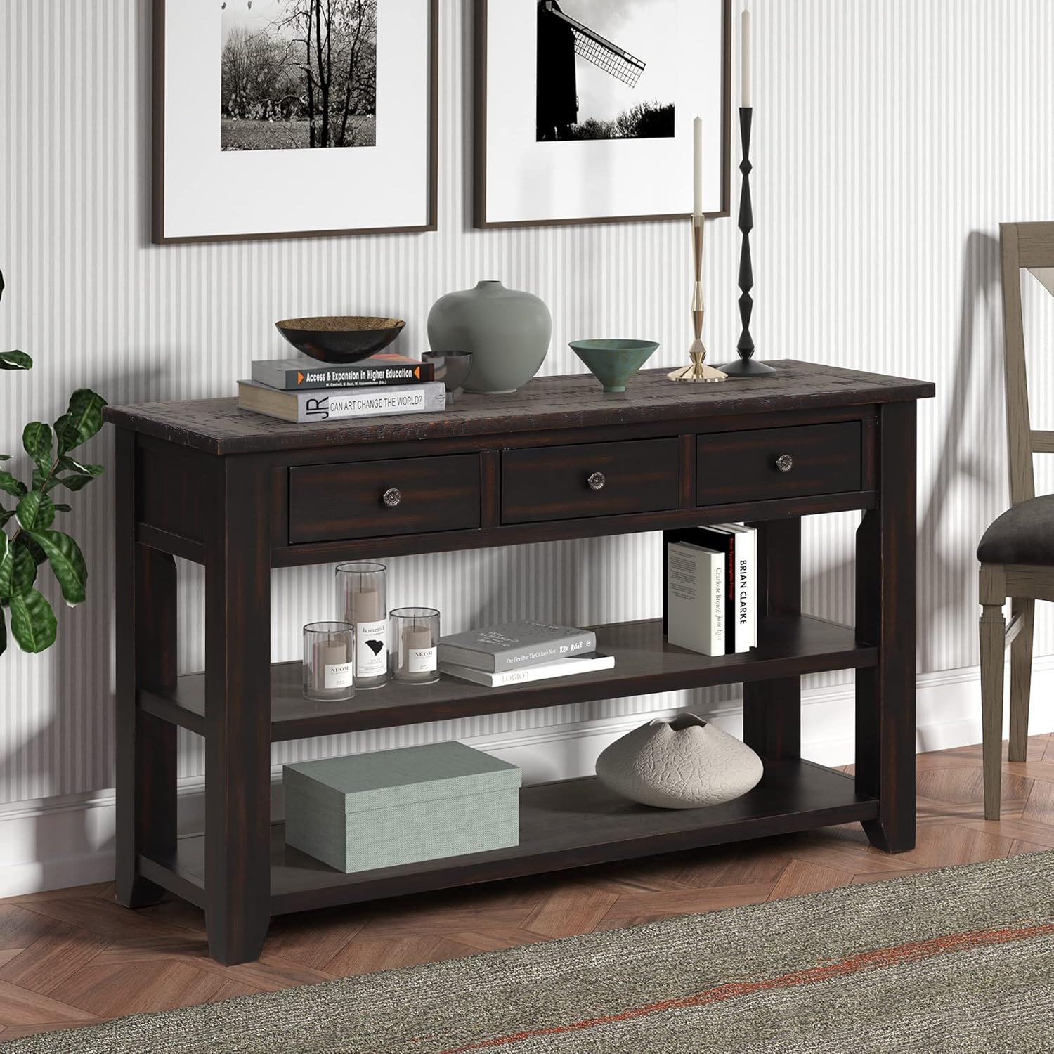 RuiSiSi 48” Console Table with 3 Drawers and 2 Shelves, Farmhouse Wood Sofa Table for Living Room, Entryway, Hallway, Distressed Black