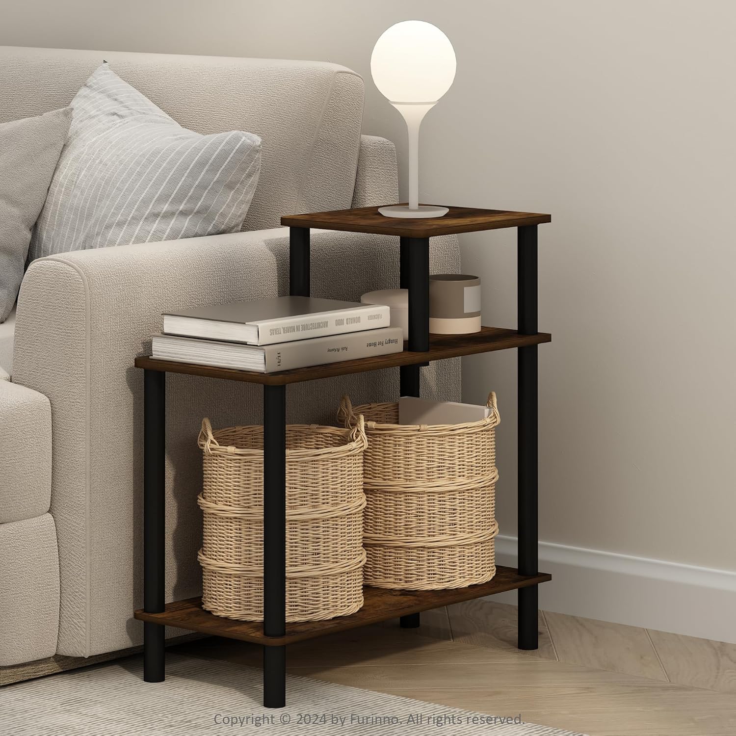 Furinno Turn-N-Tube Side Table, 3-Tier Rectangle Sofa End Table with Open Shelf, Toolless Assembly Night Stand, Bedside Table, for Living Room, Bedroom, Amber Oak