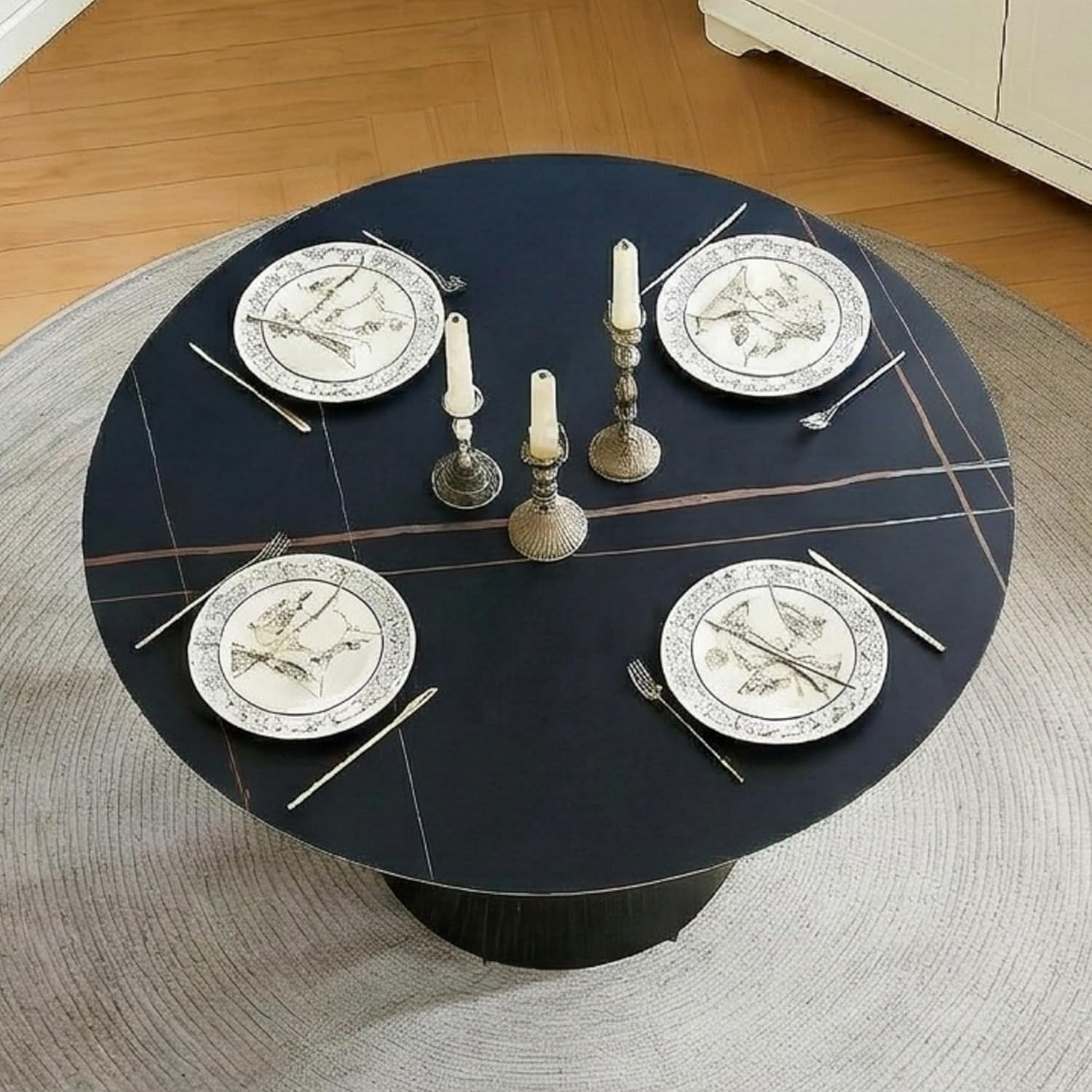 Faux Marble Round Dining Table for 4-6, 42" Modern Round Kitchen Table with Sintered Stone Top and Wood Stable Pedestal for Apartment,Restaurant,Small Space (Black