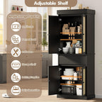 Slim Tall Pantry Cabinet - 4 Rattan Doors, Drawer, and 2 Adjustable Shelves - Freestanding Storage Cupboard for Entryway, Kitchen, Dining Room, Bathroom, or Office,Black