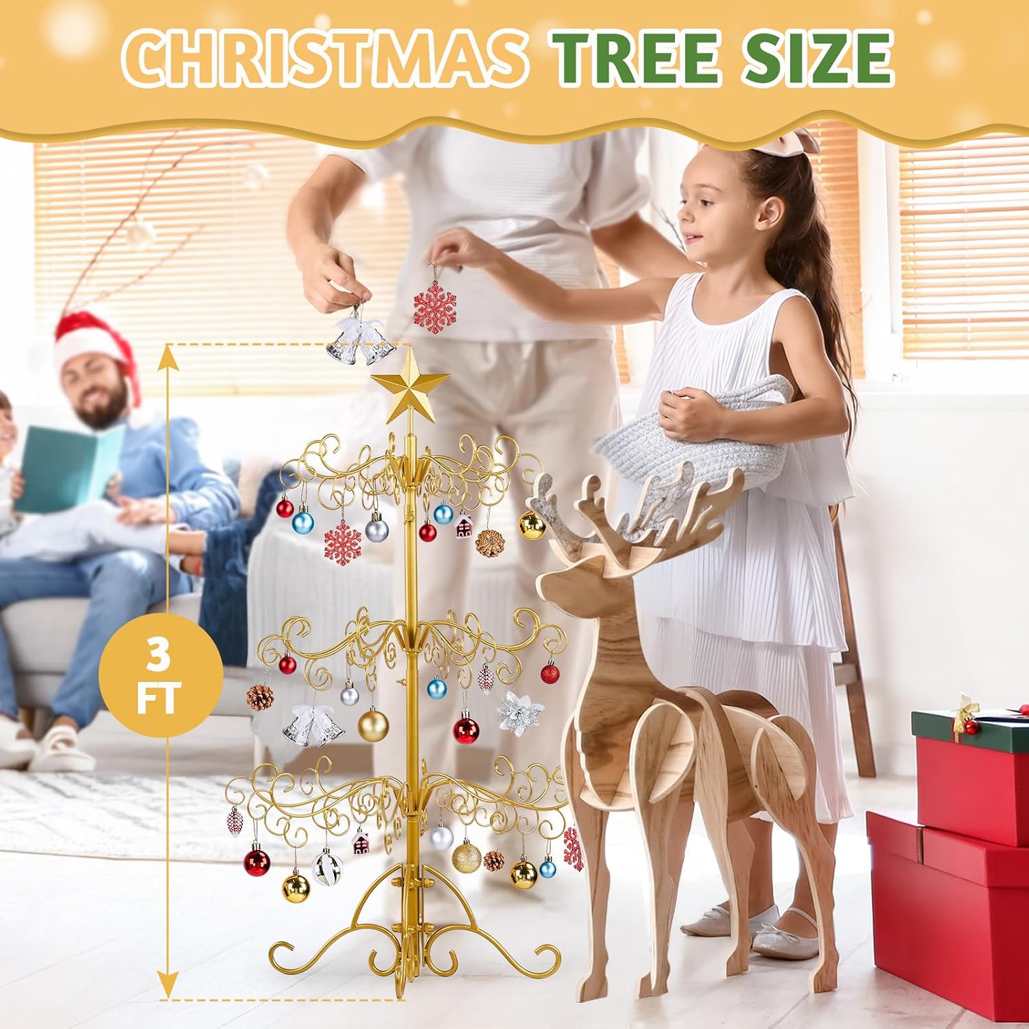 Karl home Metal Ornament Display Tree Stand, 3ft Wrought Iron Christmas Tree for Halloween Christmas Balls Bauble Decorations Gift Craft(Yellow)