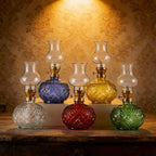 Vintage Style Oil Lamp with Glass Candle Holder, Glass Chamber Oil Lamp – Vintage GlassKerosene Lantern with Adjustable Wick, for Living Room and Bedroom Ambiance (White)