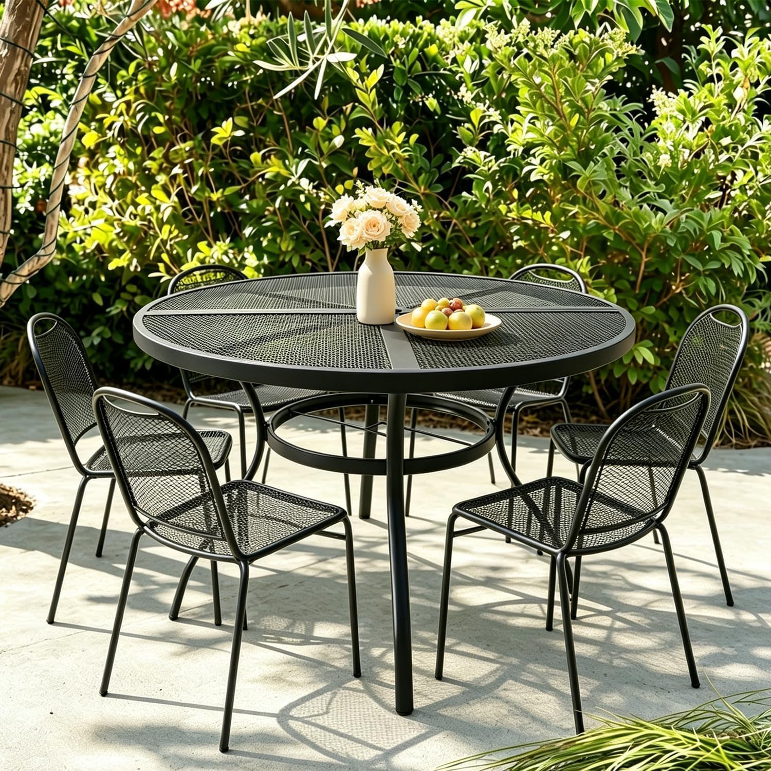 Round Patio Dining Table for 6, 47 Inch, Black Electroplated Steel, with Umbrella Hole, for Backyard, Porch, Deck
